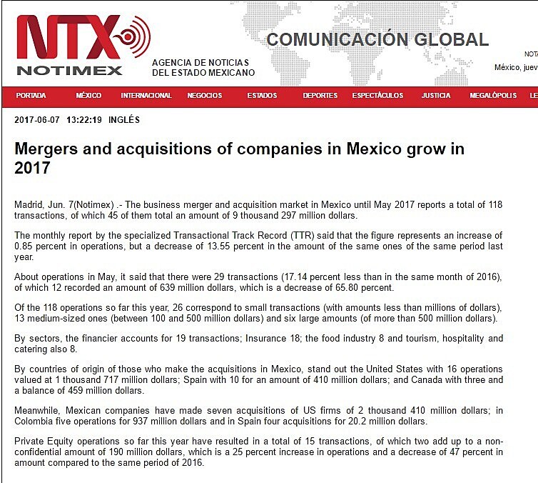Mergers and acquisitions of companies in Mexico grow in 2017